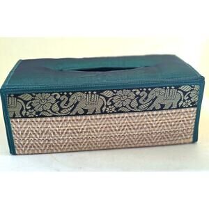 Tissue Box-Rectangle Boxes-Woven-Elephants-Green Satin Like Material-Side Load